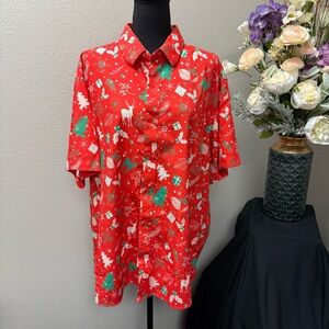 🎄 J&DHUASHA Red Christmas Holiday Button Down Shirt XL – Festive Reindeer, Tree